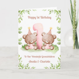 Girl Twins 1st Birthday Teddy Bears Card Kort