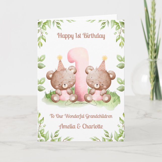 Girl Twins 1st Birthday Teddy Bears Card Kort (Framsida)