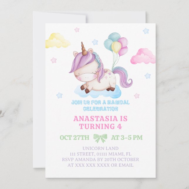 Girl Unicorn 4e födelsedagen Magic Party Inbjudningar (Framsida)