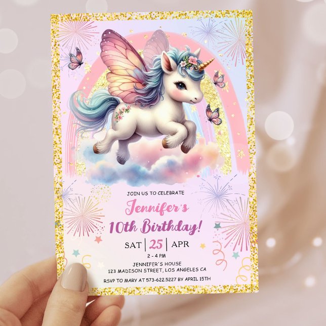 Girl Unicorn Guld Glitter Rosa 10:e Födelsedagsfes Inbjudningar (#UnicornBirthdayInvitation #UnicornBirthdayInvitationTemplate #UnicornBirthdayInvitationEditable 
)