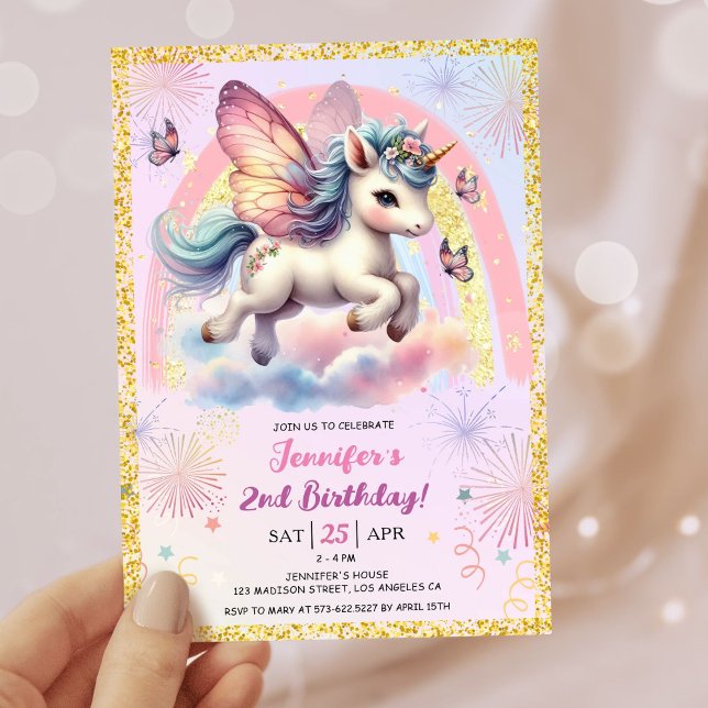Girl Unicorn Guld Glitter Rosa 2:a födelsedagen Pa Inbjudningar (#UnicornBirthdayInvitation #UnicornBirthdayInvitationTemplate #UnicornBirthdayInvitationEditable 
)