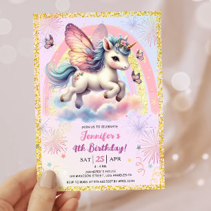 Girl Unicorn Guld Glitter Rosa 4e födelsedagen Par Inbjudningar