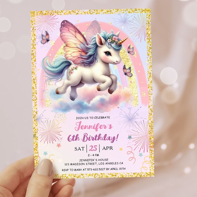 Girl Unicorn Guld Glitter Rosa 6e Födelsedagsfest Inbjudningar (#UnicornBirthdayInvitation #UnicornBirthdayInvitationTemplate #UnicornBirthdayInvitationEditable)