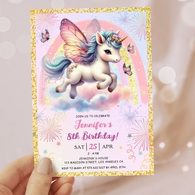 Girl Unicorn Guld Glitter Rosa 8:e Födelsedagsfest Inbjudningar (#UnicornBirthdayInvitation #UnicornBirthdayInvitationTemplate #UnicornBirthdayInvitationEditable)