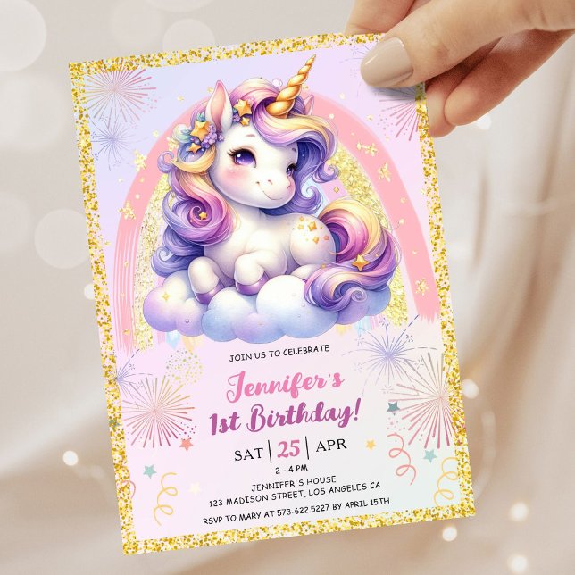 Girl Unicorn Lila Rosa & Guld 1:a födelsedagen Par Inbjudningar (#UnicornBirthdayInvitation #UnicornBirthdayInvitationTemplate #UnicornBirthdayInvitationEditable 
)