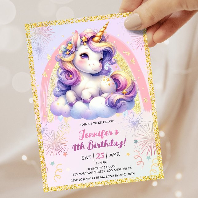 Girl Unicorn Lila Rosa & Guld 4e födelsedagen Part Inbjudningar (#UnicornBirthdayInvitation #UnicornBirthdayInvitationTemplate #UnicornBirthdayInvitationEditable 
)