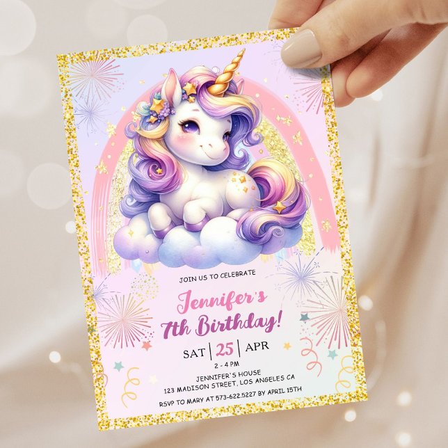 Girl Unicorn Lila Rosa & Guld 7:e Födelsedagsfest Inbjudningar (#UnicornBirthdayInvitation #UnicornBirthdayInvitationTemplate #UnicornBirthdayInvitationEditable 
)