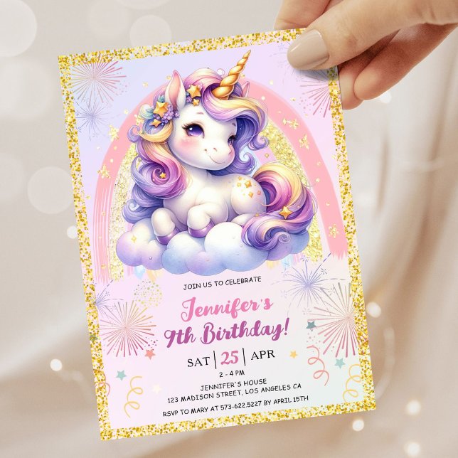 Girl Unicorn Lila Rosa & Guld 9:e Födelsedagsfeste Inbjudningar (#UnicornBirthdayInvitation #UnicornBirthdayInvitationTemplate #UnicornBirthdayInvitationEditable 
)