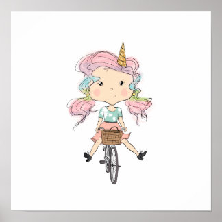 Girl Unicorn på en cykel Poster