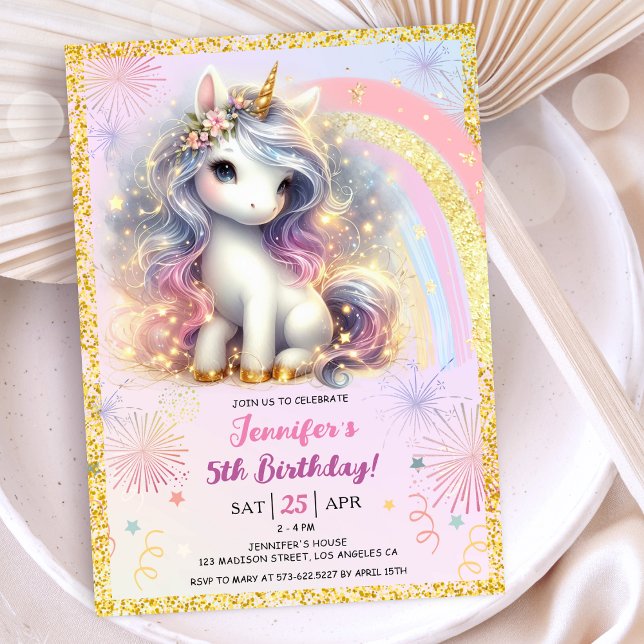 Girl Unicorn Rosa Guld Glitter 5:e Födelsedagsfest Inbjudningar (#UnicornBirthdayInvitation #UnicornBirthdayInvitationTemplate #UnicornBirthdayInvitationEditable)