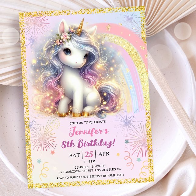 Girl Unicorn Rosa Guld Glitter, 8:e Födelsedagsfes Inbjudningar (#UnicornBirthdayInvitation #UnicornBirthdayInvitationTemplate #UnicornBirthdayInvitationEditable )