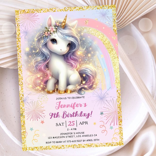 Girl Unicorn Rosa Guld Glitter 9:e Födelsedagsfest Inbjudningar (#UnicornBirthdayInvitation #UnicornBirthdayInvitationTemplate #UnicornBirthdayInvitationEditable 
)
