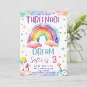 Girl Unicorn Threenage Dream,Rainbow 3rd Birthday Inbjudningar