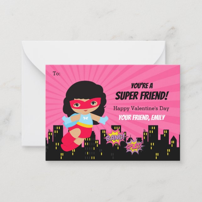 Girl Valentine Card - Superhjälte African American Anteckningskort (Framsida)