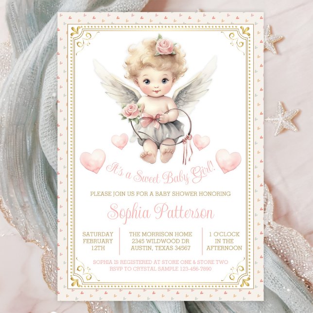 Girl Valentine Cherub Hearts Baby Shower Inbjudningar (Cute sweetheart angel baby shower invitation. Instant download and printed invitations available.)