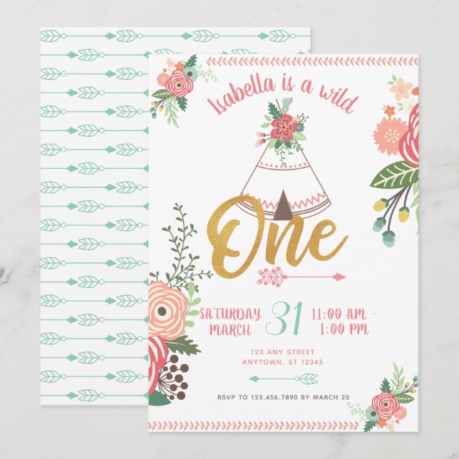 Girl Vild One Boho Tribal First Birthday Inbjudan (Fram/baksida)