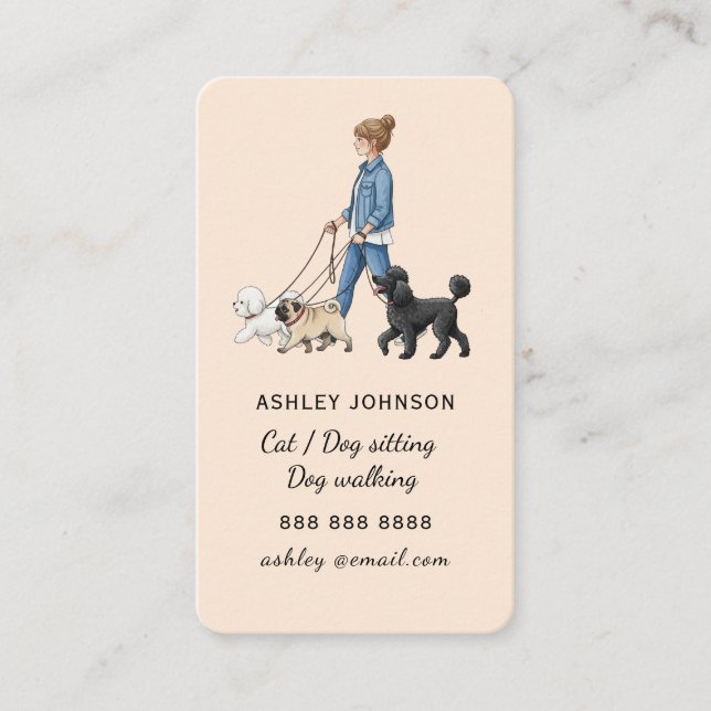 Girl Walking Dog Pet sitter Dog Walker Peach Visitkort (Framsida)