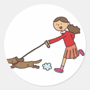 Girl Walking Hund - Dog Walker - söt tecknad Runt Klistermärke