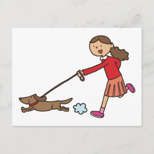 Girl Walking Hund - Dog Walker - söt tecknad Vykort
