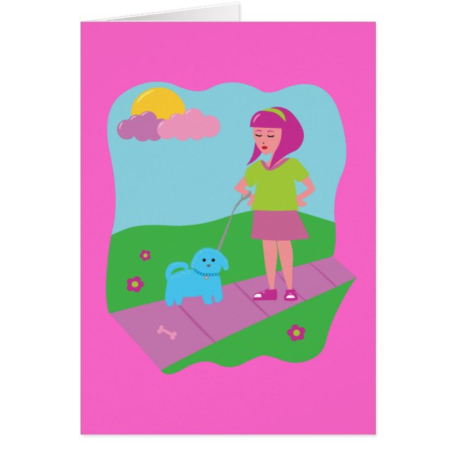 Girl Walking Hund Hälsningskort (Framsidan)