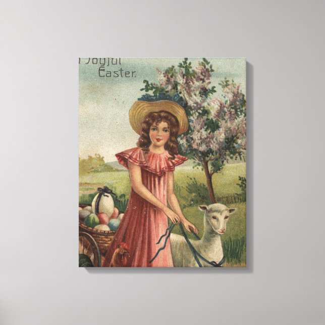 Girl Walking Lamb, Chick och Tupp Canvastryck (Framsida)