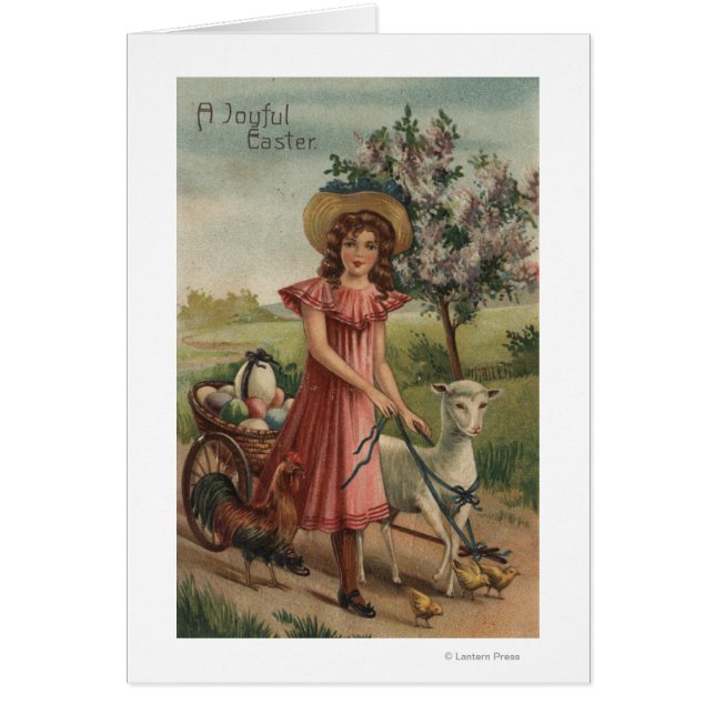 Girl Walking Lamb, Chick och Tupp Hälsningskort (Framsidan)