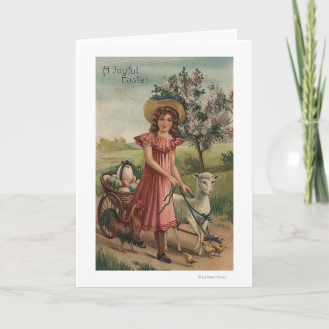 Girl Walking Lamb, Chick och Tupp Helgkort (Framsida)