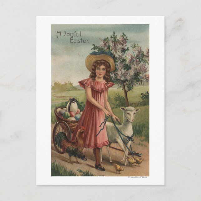 Girl Walking Lamb, Chick och Tupp Vykort (Framsida)