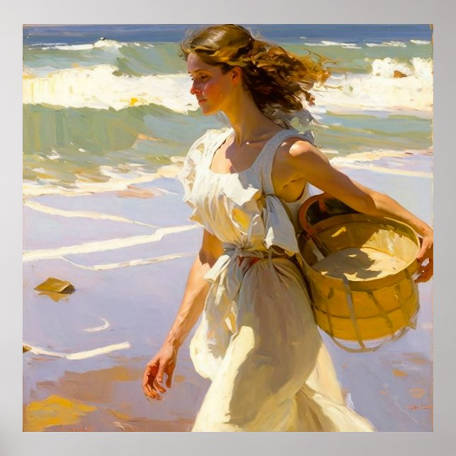 Girl Walking with Basket Along Shore på Sunny Day Poster (Framsidan)