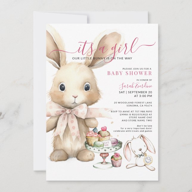 Girl Watercolor Bunny Baby Shower Inbjudningar (Framsida)