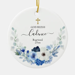 Girl White Blue Blommigt Baptized Ceramic Ornament