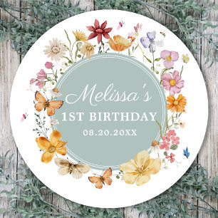 Girl Wildblomma 1st Birthday Party Runt Klistermärke