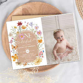 Girl Wildblommo Onederful 1:a Birthday Party Photo Inbjudningar