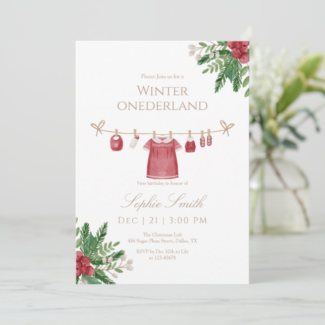 Girl Winter Oenderland First Birthday Inbjudan (Stående Fram)