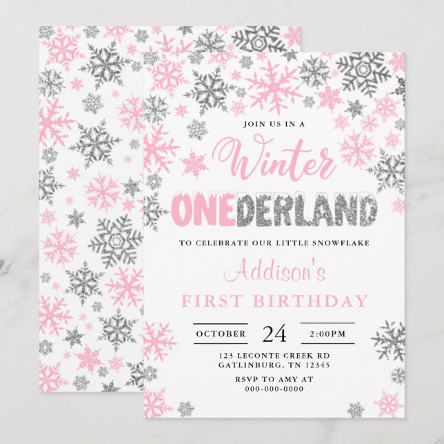Girl Winter Onederland First Birthday-inbjudan Inbjudningar (Fram/baksida)