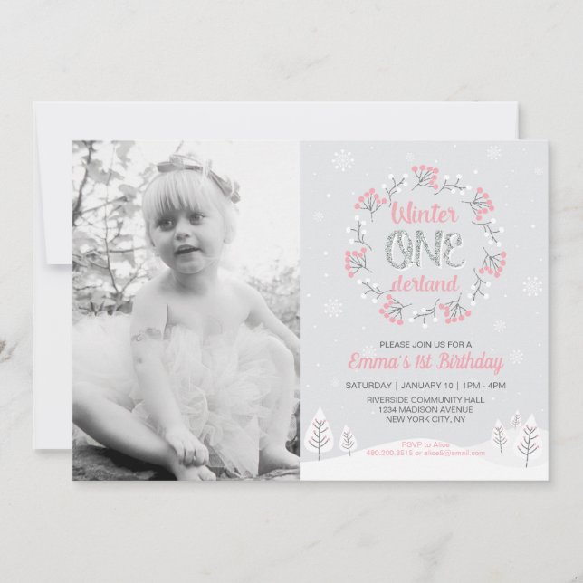 Girl Winter Onederland Photo 1st Birthday Inbjudan (Framsida)