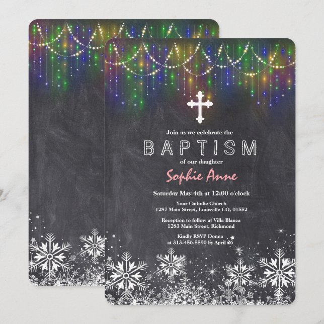 Girl Winter String Ljus Snöflingor Chalk Baptism Inbjudningar (Fram/baksida)