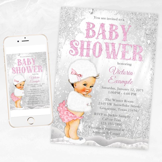 Girl Winter Wonderland Baby Shower Brunette Girl Inbjudningar (Girl winter wonderland baby shower invitation. For instant download and print.)