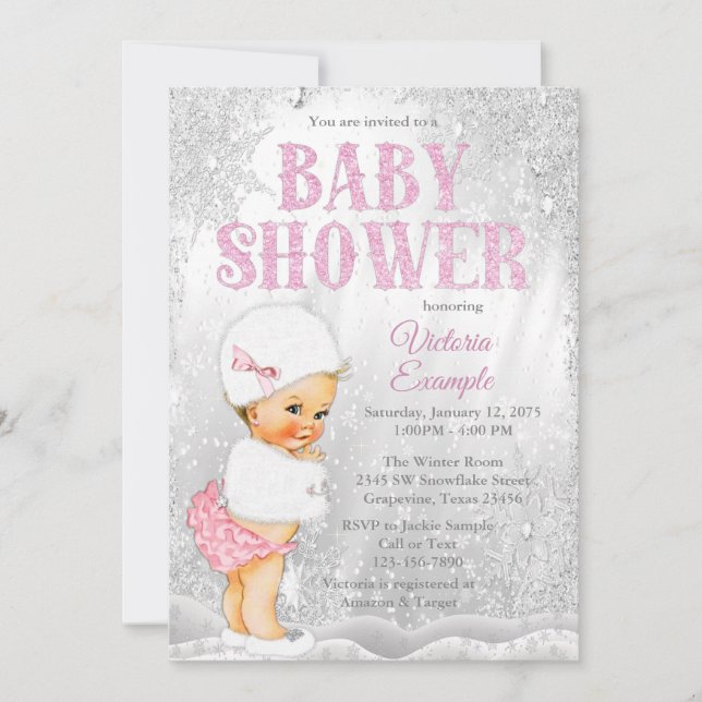 Girl Winter Wonderland Baby Shower Rosa Snowflake Inbjudningar (Framsida)