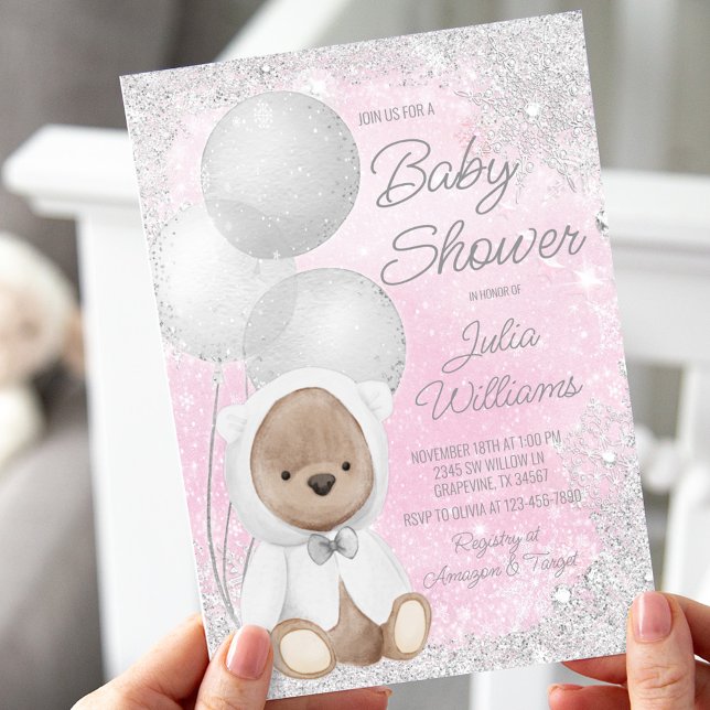 Girl Winter Wonderland Nalle Baby Shower Inbjudningar (Skapare uppladdad)