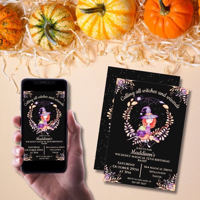 Girl Witch Birthday Watercolor Inbjudningar (Skapare uppladdad)