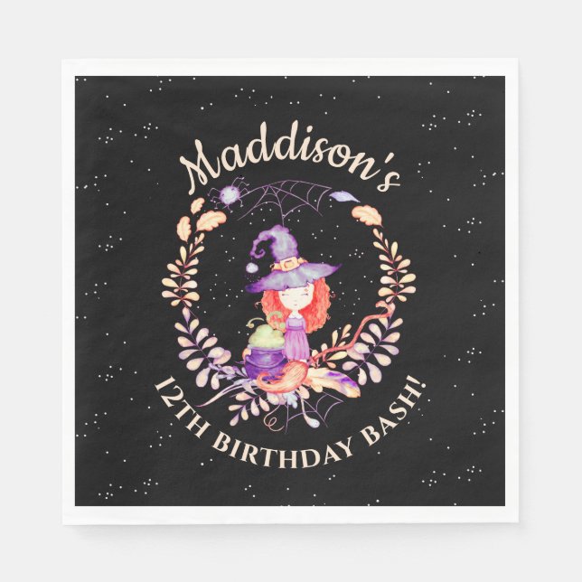 Girl Witch Birthday Watercolor Pappersservett (Framsidan)
