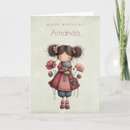 Girl with A Frog Doll Cute Whimsical Birthday Kort