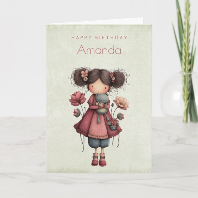 Girl with A Frog Doll Cute Whimsical Birthday Kort (Framsida)