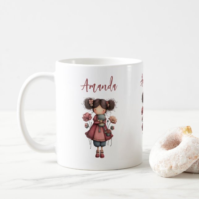 Girl with A Frog Doll Cute Whimsical Kaffemugg (Med munk)