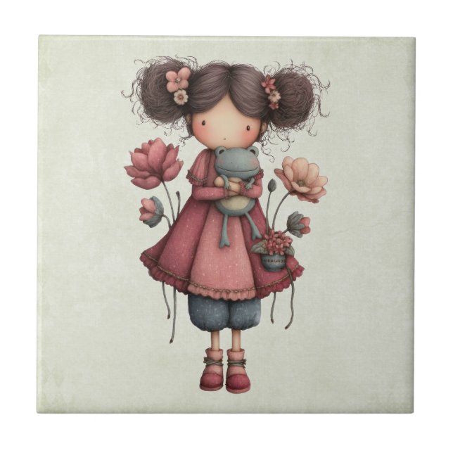Girl with A Frog Doll Cute Whimsical Kakelplatta (Framsidan)