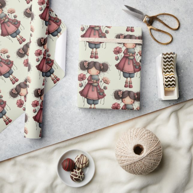 Girl with A Frog Doll Cute Whimsical Pattern Presentpapper (Hantverk)