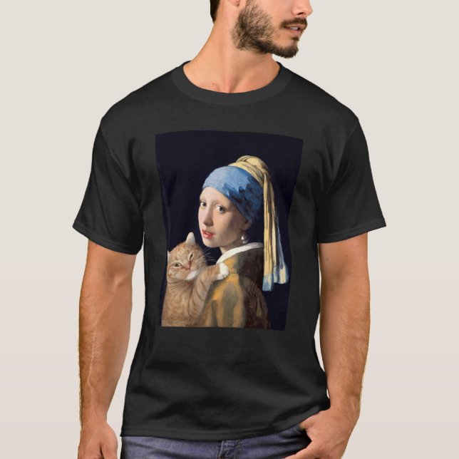 Girl With A Pearl Earring With Orange Cat  Paintin T Shirt (Framsida)
