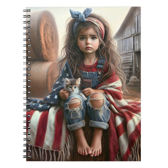 Girl with American Flagga and Kitten Anteckningsbok (Framsidan)