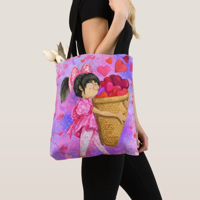 Girl with Basket Hearts Tote Bag Gift Tygkasse (Närbild)